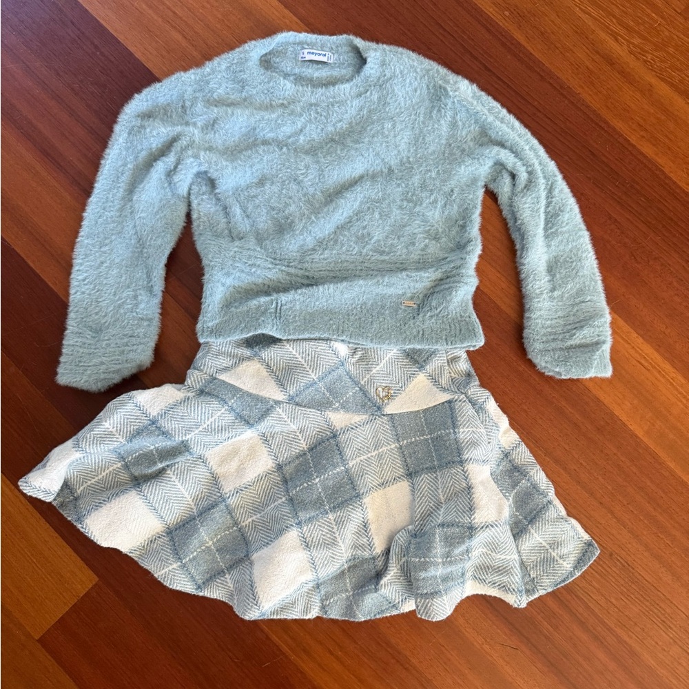 Mayoral Soft Gray Fuzzy Sweater and Check Skirt Set